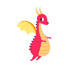 Cute Little Dragon with Wings, Funny Fantastic Creature Character Cartoon Style Vector Illustration