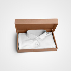 White textured polo mockup presentation, folded into a box, front view, isolated on background.