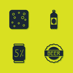 Set Beer bubbles, Bottle cap with beer, can and Plastic bottle icon. Vector.