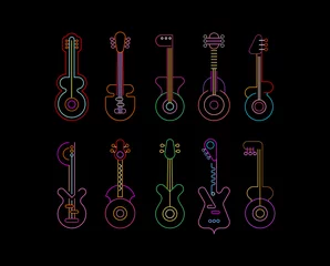 Foto op Canvas Neonkleuren geïsoleerd op een zwarte achtergrond Line Art Neon Icon Set vector design. Tien verschillende gitaren silhouetten, elk icoon staat op een aparte laag. ©  danjazzia