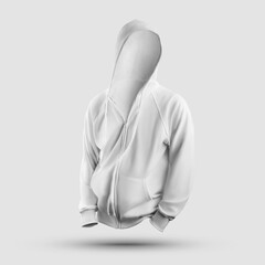 White textile hoodie template 3D rendering with pocket, zipper closure, drawstring, isolated on background, front view.