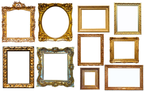 assortment of golden and silvery art and photo frames isolated on white background