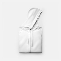Mockup of a white folded hoodie, with ties on a beautifully laid out hood, front view, isolated on background.