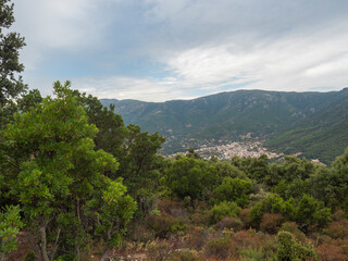 Aerial View of green landscape of Supramonte Mountains with Urzulei town, limestone rock and mediterranean vegetation, Region Nuoro, Sardinia, Italy. Summer cloudy day