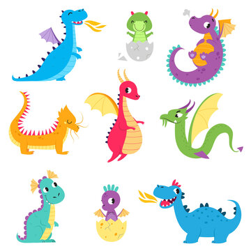 Cute Colorful Little Dragons Set, Adorable Fantastic Creatures, Fairy Tale Characters Cartoon Style Vector Illustration