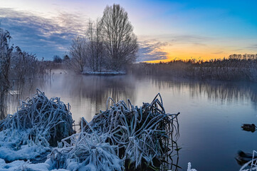 sunrise over water and ducks in Kumla Park Sweden
