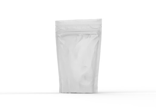 White Blank Foil Food Doy Pack Stand Up Pouch Bag Packaging With Zipper, Mockup Template On Isolated White Background, 3d Illustration