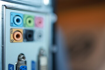 Back side o0f computer close up. Ports and connections.