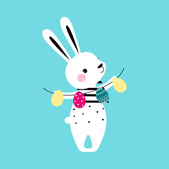 Cute Little Bunny Holding Garland Made of Colorful Eggs, Adorable White Easter Rabbit, Easter Egg Hunt Card, Poster, Invitation Design Cartoon Style Vector Illustration