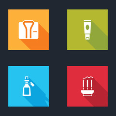 Set Bathrobe, Cream or lotion cosmetic tube, Essential oil bottle and Incense sticks icon. Vector.