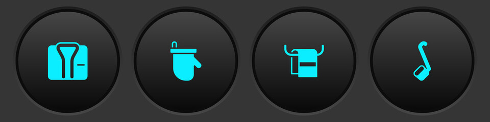 Set Bathrobe, Sauna mittens, Towel on hanger and ladle icon. Vector.