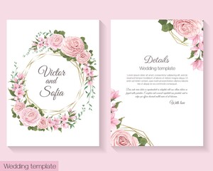 Floral template for wedding invitation. Pink roses, sakura, magnolia, green plants and flowers, gold polygonal frame.