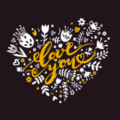 Love you lettering. Hand drawn lettering illustration with romantic phrases and hearts.
