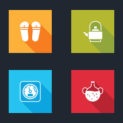 Set Flip flops, Kettle with handle, Sauna thermometer and Essential oil bottle icon. Vector.