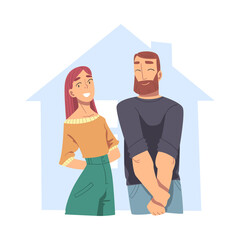Happy Family Couple Inside Outline House, Abstract Real Estate, Smiling People Buying or Renting New House Flat Style Vector Illustration