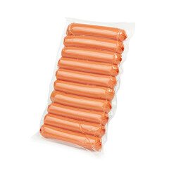 Boiled sausages in packaging on a white background.