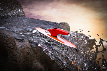 Whistle on a plank against a waterfall demonstrating person in society or a company exposing corruption concept. 3D illustration