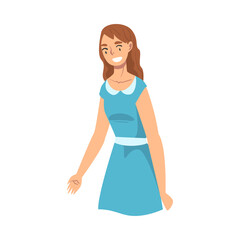 Beautiful Happy Smiling Young Woman Wearing Blue Dress Flat Style Vector Illustration