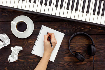 Musician work set with synthesizer, note and headphones