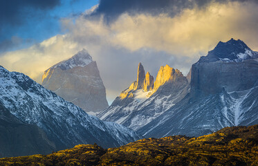 sunset over the mountain range of Torres del Paine