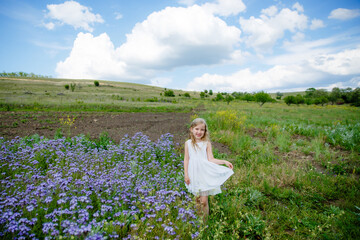 little girl in a straw hat in a purple field in summer