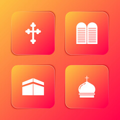 Set Christian cross, The commandments, Kaaba mosque and Church tower icon. Vector.