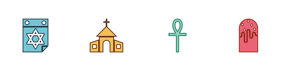Set Jewish calendar, Church building, Cross ankh and Easter cake icon. Vector.