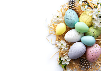 Naklejka na ściany i meble Colorful Easter eggs with spring blossom flowers