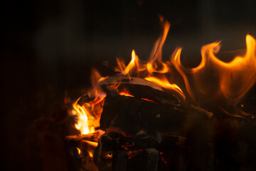 Fire flame background. Firewood burning in the fireplace.