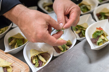 Catering Buffet Partyservice Essen zubereiten von einem Koch auf kleine Teller