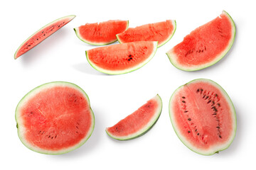 Set of images of watermelon slices on a white background. Full depth of field. With clipping path