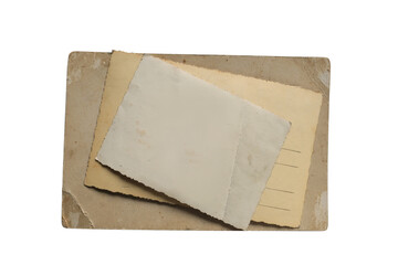 empty mock up, old photopaper on white isolated background, set of vintage photos with blank, back side, concept family genealogy, memories, generational ties