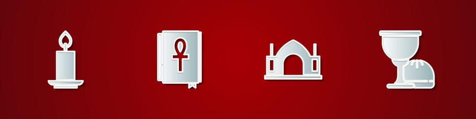 Obraz premium Set Burning candle, Cross ankh book, Hindu spiritual temple and Holy grail or chalice icon. Vector.