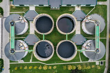 Abstract sendimentation tank of ironworks water treatment plant in Silesia Poland aerial drone photo
