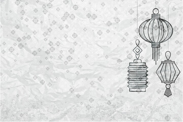Card with chinese paper lanterns. Monochrome drawing