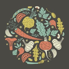 Round design element with vegetables and mushrooms - 406639499