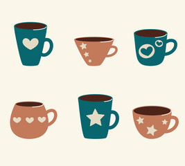 vector illustration collection of cups with stars and hearts
