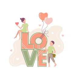Happy Valentines day card. Couple next to big letters of the word love. A boy with a bouquet of flowers and a girl with a hart. Tender feelings of lovers. Romantic poster.
