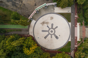 Square with the logo of Sosnowiec in Sosnowiec silesia, Poland aerial drone photo