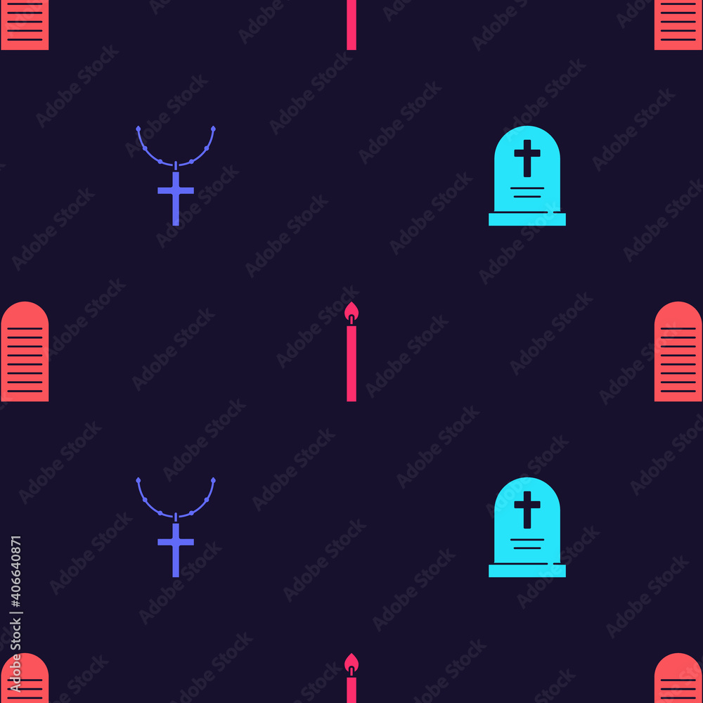 Poster set tombstone with cross, christian chain, burning candle and the commandments on seamless pattern. 