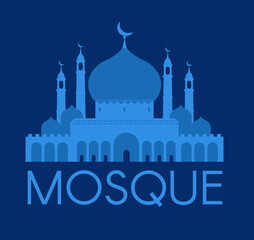 Mosque. Islamic mouslim design. Relirion silhouette. Blue sign