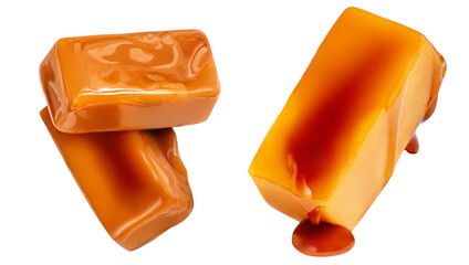 Sweet Caramel candies with caramel sauce isolated on a white background close up. Collection.