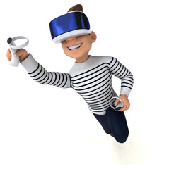 Fun 3D illustration of a cartoon man with a VR helmet