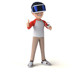 Fun 3D illustration of a cartoon kid with a VR helmet