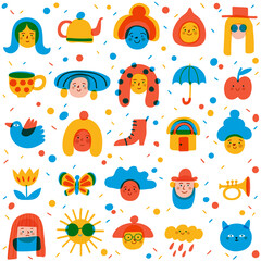 Seamless background with cute portraits, avatars and symbols for textile in cute doodle art style