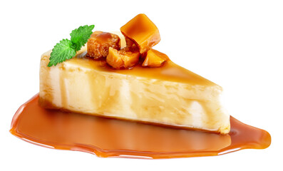 Piece Of Cheesecake with caramel sauce and mint leaf   isolated on a white background.