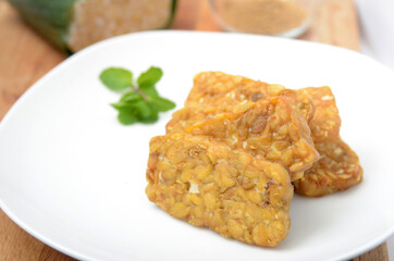 Fried tempeh, delicious and high nutrition, ingredient from soybean, Indonesian Food 