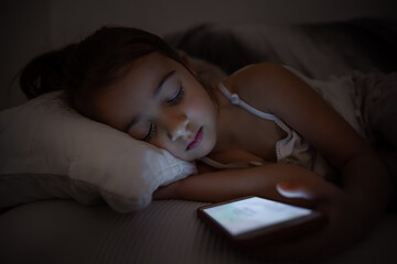 A cute little girl fell asleep on a pillow with a phone in her hand.