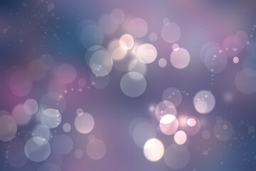 Abstract gradient blue pink violet background texture with blurred white bokeh circles, lights and stars. Space for design. Beautiful backdrop.