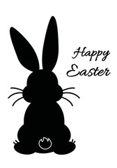 Fototapeta premium Easter greeting card design with black bunny sitting, rabbit back silhouette with black inscription Happy Easter, Vector EPS 10 illustration